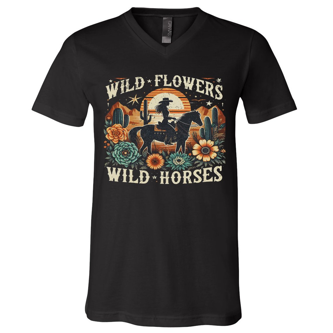 Retro Southern Sunset Cowgirl Wild Flowers Wild Horses V-Neck T-Shirt