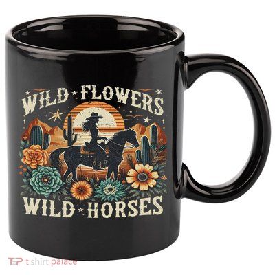 Retro Southern Sunset Cowgirl Wild Flowers Wild Horses 11oz C Handle Ceramic Mug