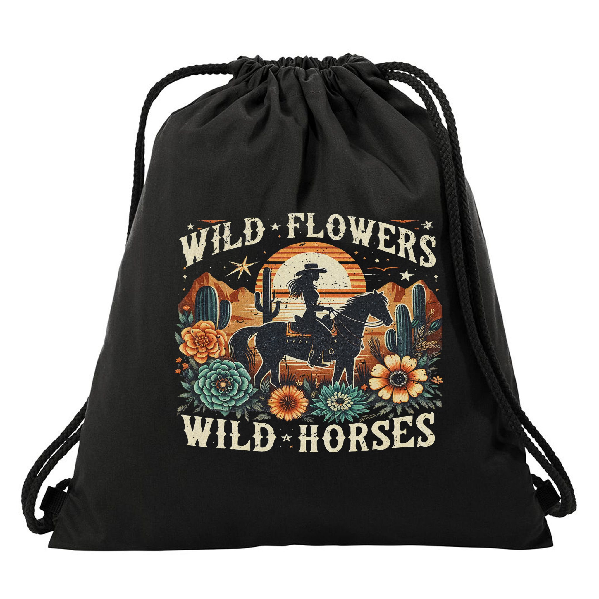 Retro Southern Sunset Cowgirl Wild Flowers Wild Horses Drawstring Bag