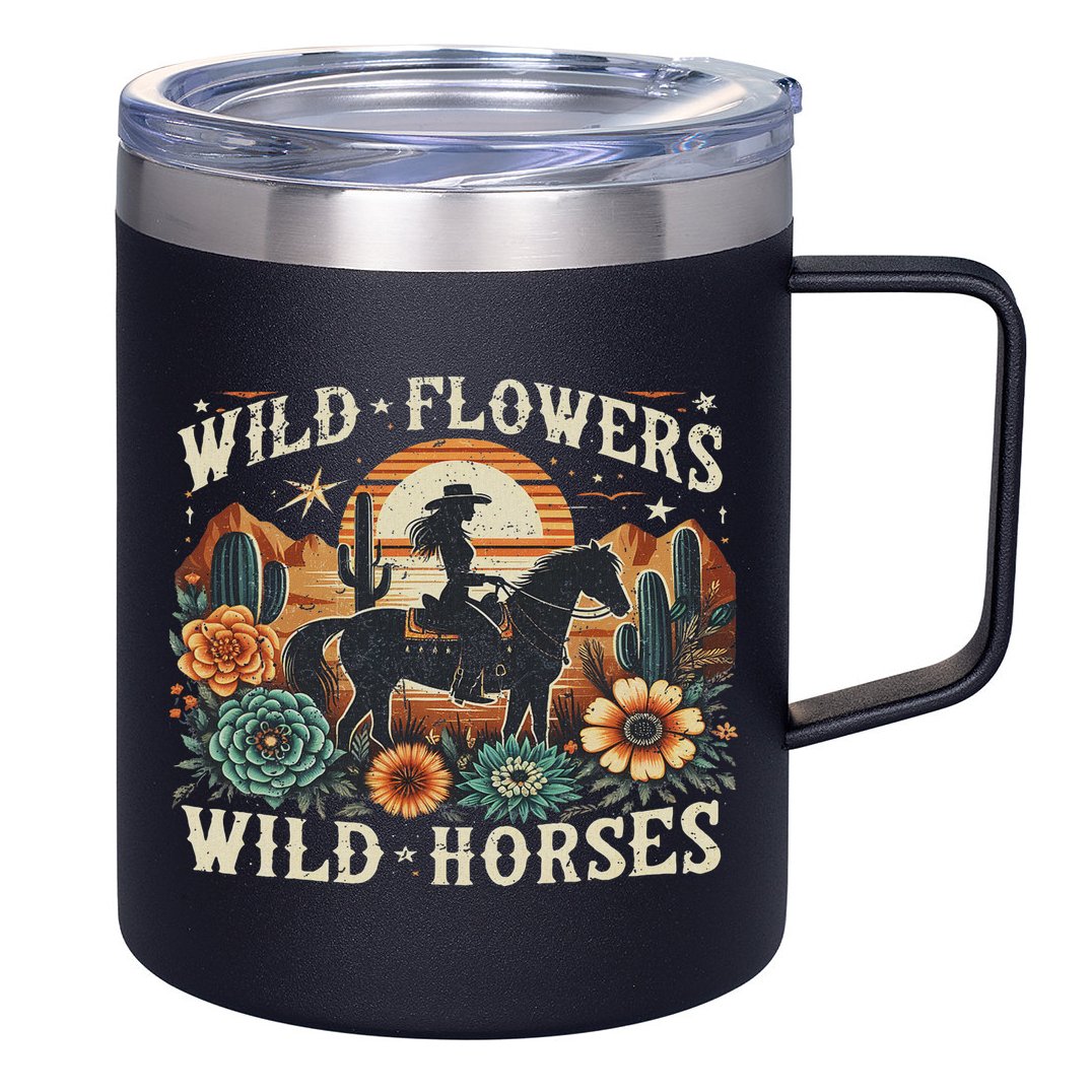 Retro Southern Sunset Cowgirl Wild Flowers Wild Horses 12oz Stainless Steel Coffee Mug