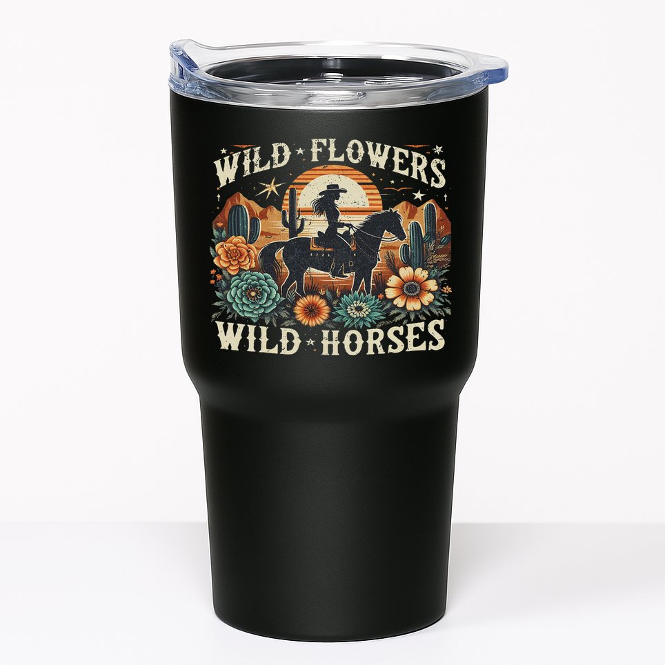 Retro Southern Sunset Cowgirl Wild Flowers Wild Horses Tumbler