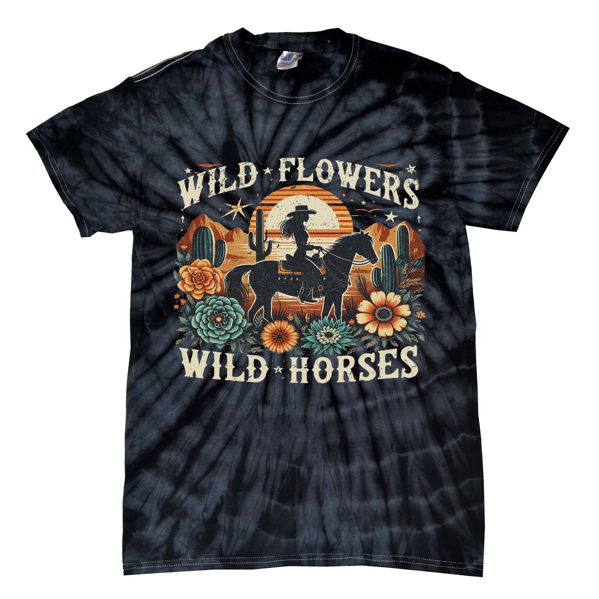 Retro Southern Sunset Cowgirl Wild Flowers Wild Horses Tie-Dye T-Shirt