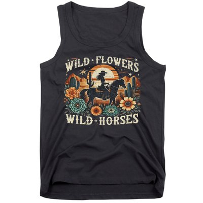 Retro Southern Sunset Cowgirl Wild Flowers Wild Horses Tank Top
