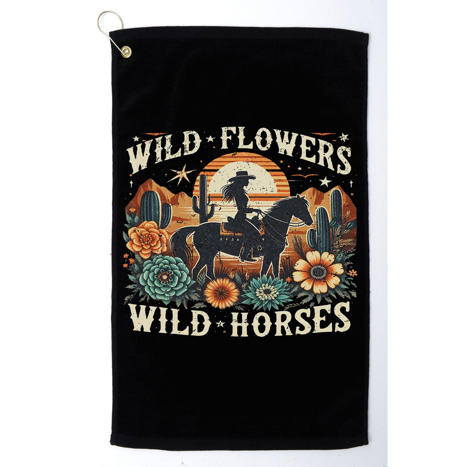 Retro Southern Sunset Cowgirl Wild Flowers Wild Horses Golf Towel