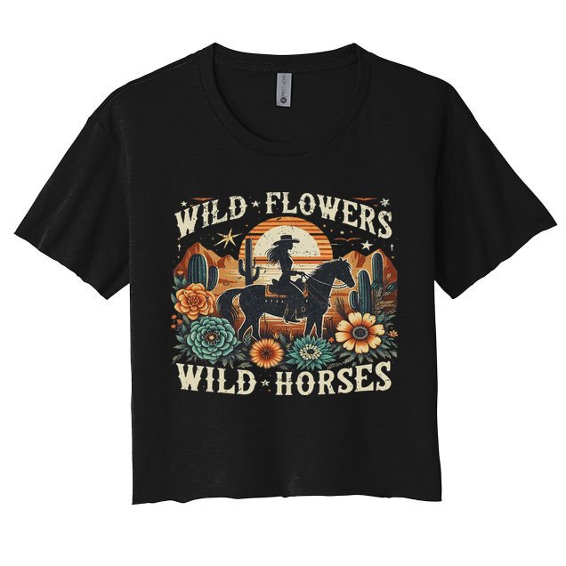 Retro Southern Sunset Cowgirl Wild Flowers Wild Horses Crop Top