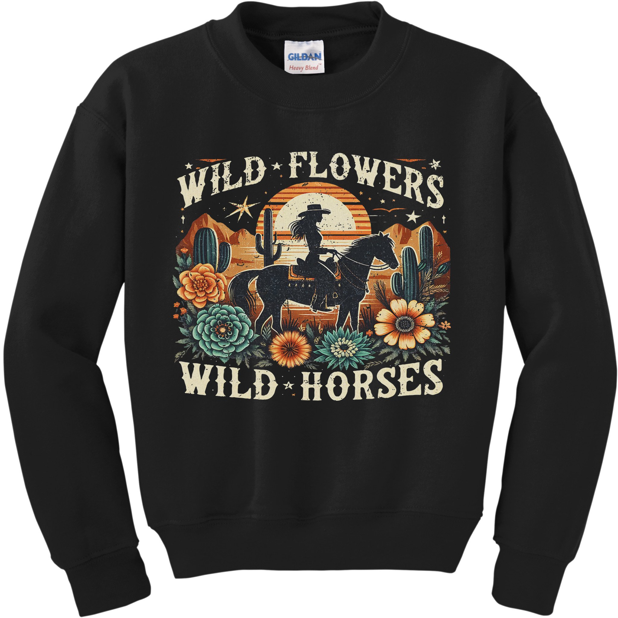 Retro Southern Sunset Cowgirl Wild Flowers Wild Horses Kids Sweatshirt