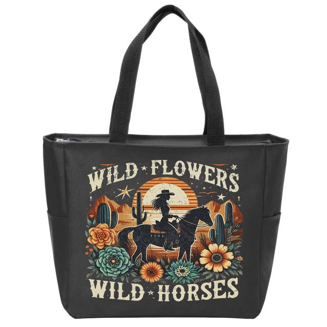 Retro Southern Sunset Cowgirl Wild Flowers Wild Horses Zip Tote Bag