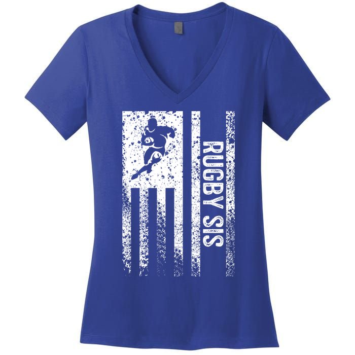 Rugby Sis Sister Distressed Vintage American Flag Gift Women's V-Neck T-Shirt