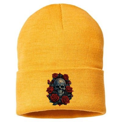 Rose Skeleton Skull Hand Red Flower Rose Sustainable Knit Beanie