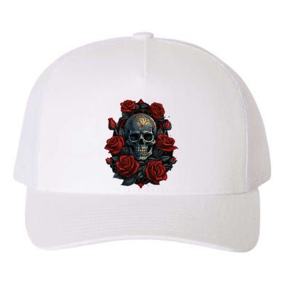 Rose Skeleton Skull Hand Red Flower Rose Yupoong Adult 5-Panel Trucker Hat