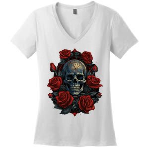 Rose Skeleton Skull Hand Red Flower Rose Women's V-Neck T-Shirt