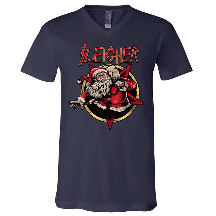 Rock Sleigher Santa Claus Heavy Metal Christmas V-Neck T-Shirt