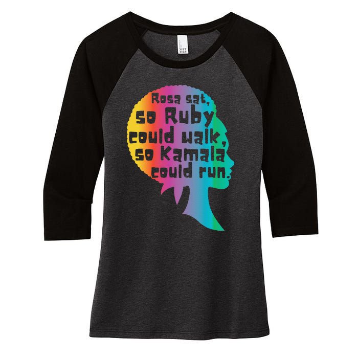 Rosa Sat So Ruby Could Walk So Kamala Could Run Black Women's Tri-Blend 3/4-Sleeve Raglan Shirt