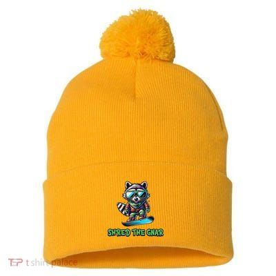 Raccoon Snowboarding Shred The Gnar Winter And Sports Pom Pom 12in Knit Beanie