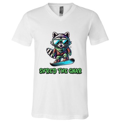 Raccoon Snowboarding Shred The Gnar Winter And Sports V-Neck T-Shirt