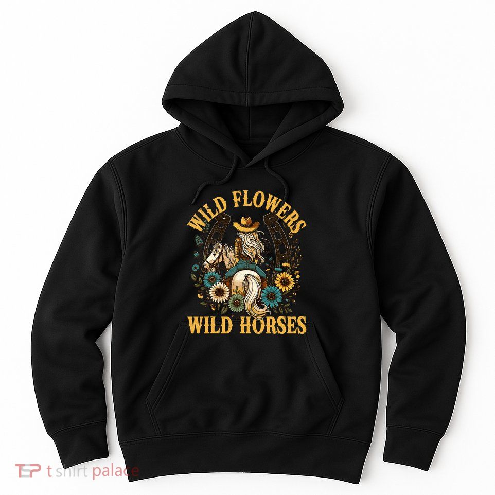 Retro Southern Sunset Cowgirl Wild Flowers Wild Horses Hoodie