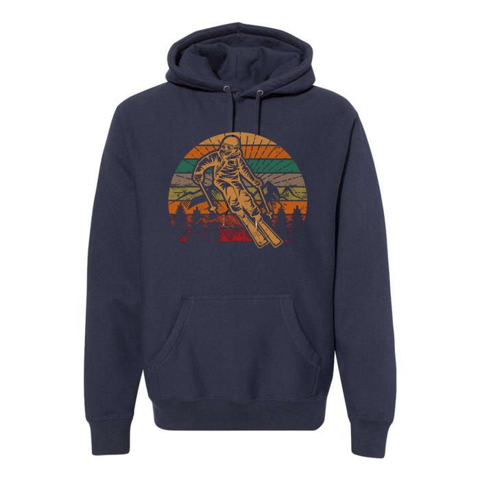 Retro Skier Silhouette Sunset Skiing Winter Sport Ski Premium Hoodie