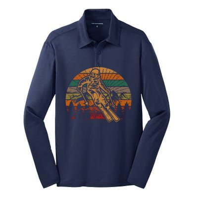 Retro Skier Silhouette Sunset Skiing Winter Sport Ski Silk Touch Performance Long Sleeve Polo