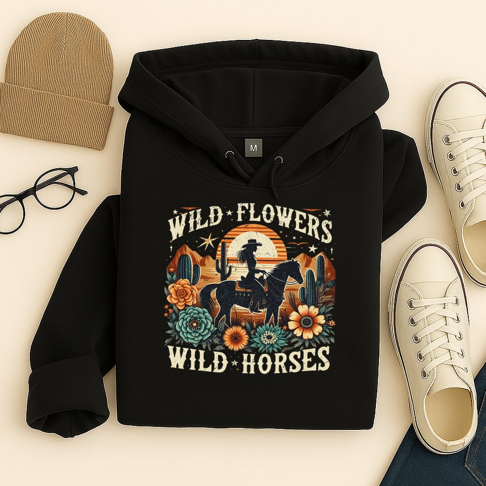 Retro Southern Sunset Cowgirl Wild Flowers Wild Horses Hoodie