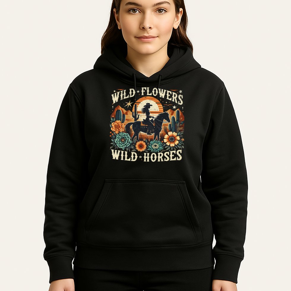 Retro Southern Sunset Cowgirl Wild Flowers Wild Horses Hoodie
