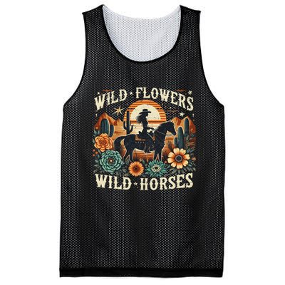 Retro Southern Sunset Cowgirl Wild Flowers Wild Horses Mesh Reversible Basketball Jersey Tank