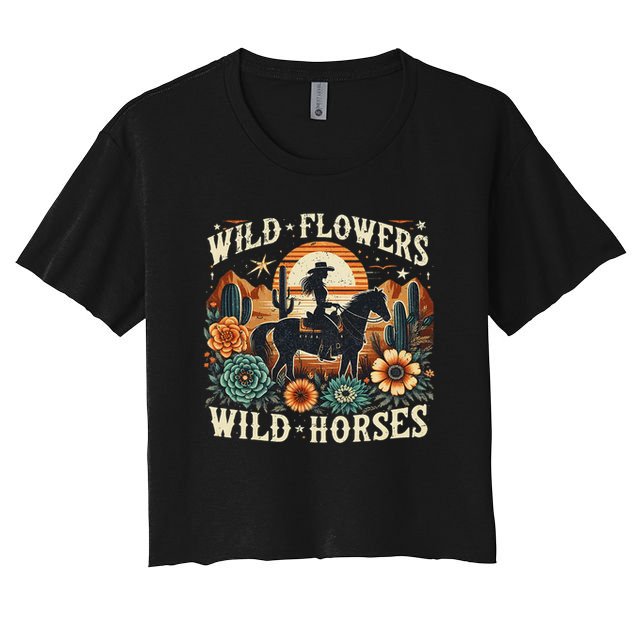 Retro Southern Sunset Cowgirl Wild Flowers Wild Horses Crop Top