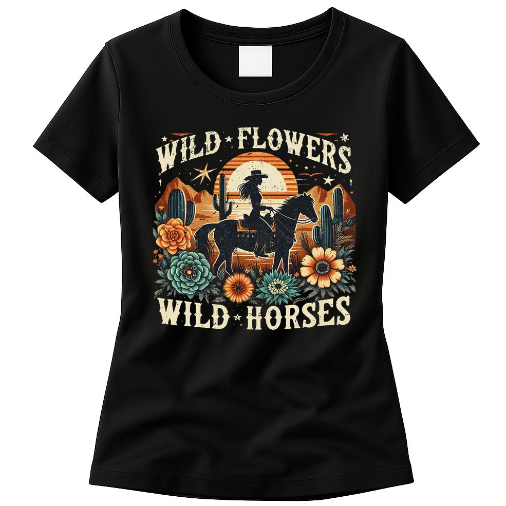 Retro Southern Sunset Cowgirl Wild Flowers Wild Horses Womens T-Shirt