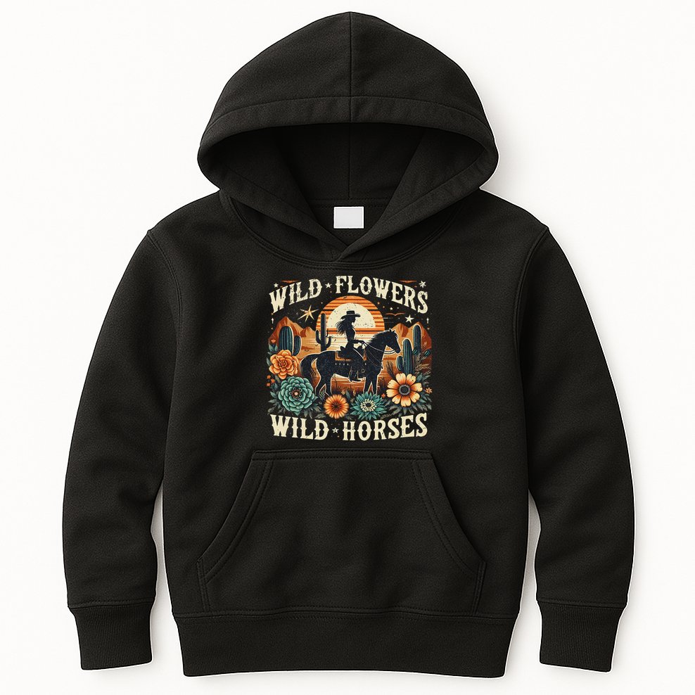 Retro Southern Sunset Cowgirl Wild Flowers Wild Horses Kids Hoodie