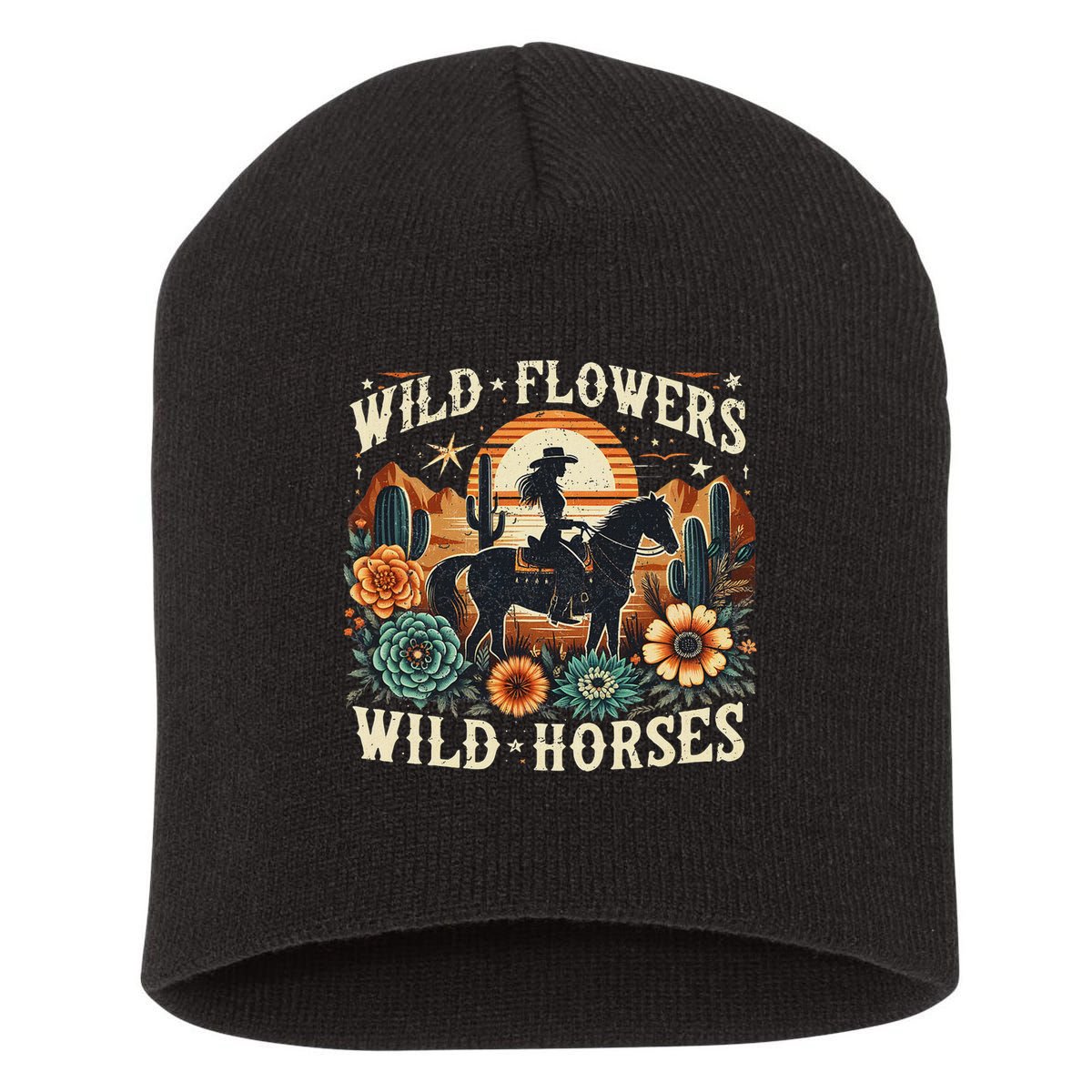 Retro Southern Sunset Cowgirl Wild Flowers Wild Horses Short Acrylic Beanie
