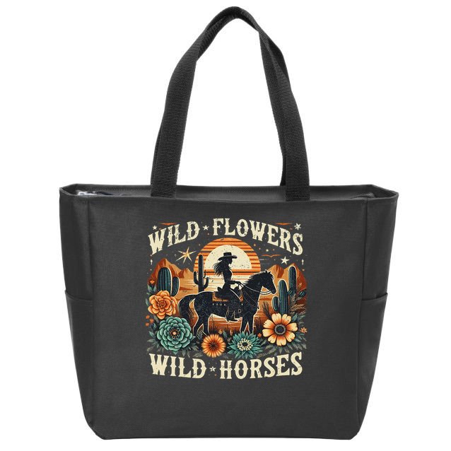 Retro Southern Sunset Cowgirl Wild Flowers Wild Horses Zip Tote Bag