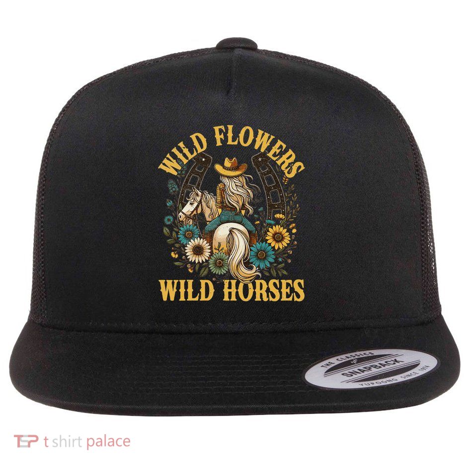 Retro Southern Sunset Cowgirl Wild Flowers Wild Horses Flat Bill Trucker Hat