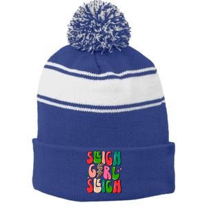 Retro Sleigh Sleigh Merry Christmas Boho Xmas Gift Stripe Pom Pom Beanie