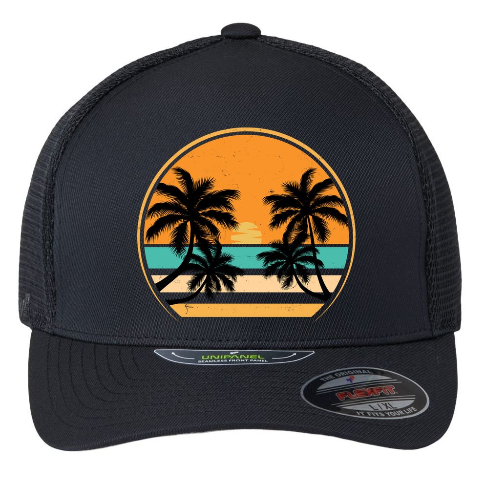 Retro Summer Sunset Vibe Vacation Beach Life Flexfit Unipanel Trucker Cap