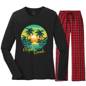 Retro Sunset South Carolina Myrtle Beach Palm Trees Women's Long Sleeve Flannel Pajama Set 