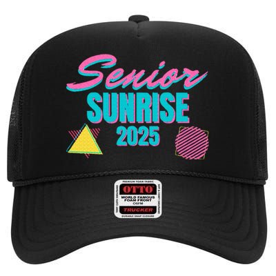 Retro Senior Sunrise 2025 High School 12th Twelfth Grade High Crown Mesh Back Trucker Hat