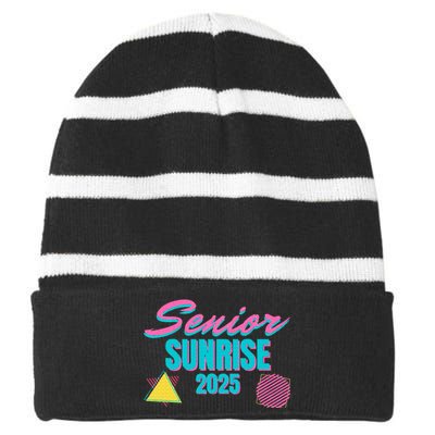 Retro Senior Sunrise 2025 High School 12th Twelfth Grade Striped Beanie with Solid Band