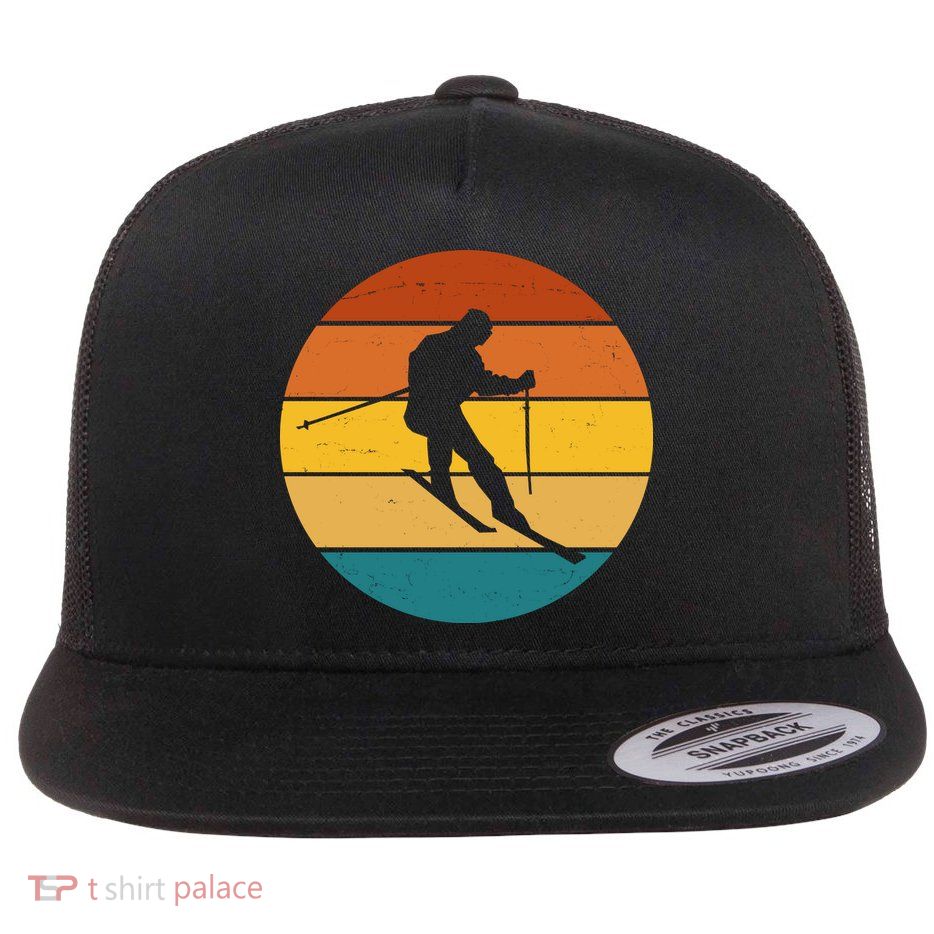 Retro Sunset Ski Lover Gift Flat Bill Trucker Hat
