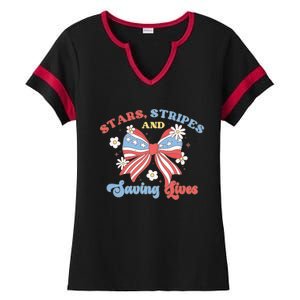 Retro Stars Strips And Saving Lives 4th Of July Nurse School Ladies Halftime Notch Neck Tee