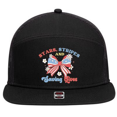 Retro Stars Strips And Saving Lives 4th Of July Nurse School 7 Panel Mesh Trucker Snapback Hat