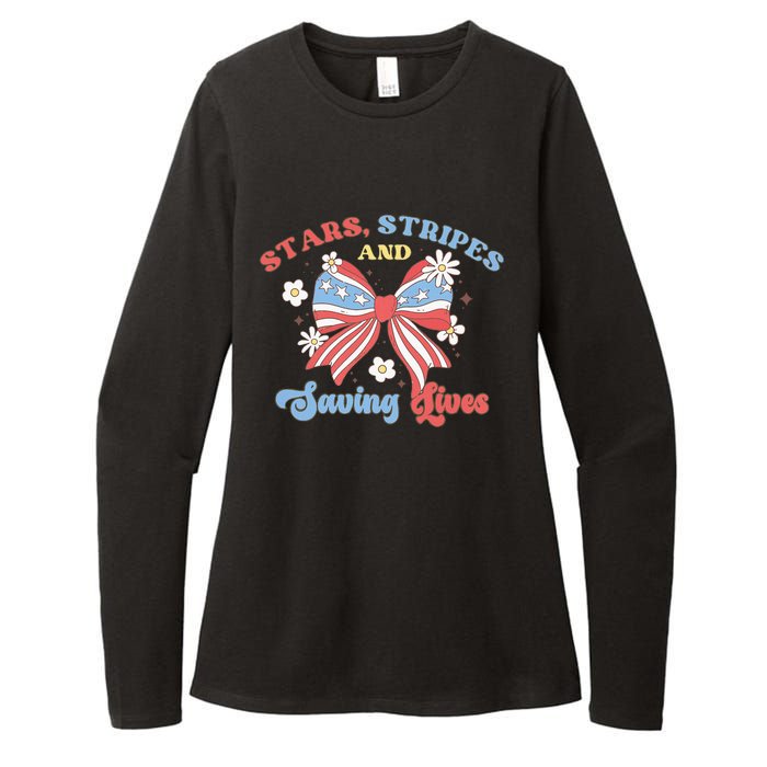 Retro Stars Strips And Saving Lives 4th Of July Nurse School Womens CVC Long Sleeve Shirt