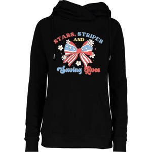 Retro Stars Strips And Saving Lives 4th Of July Nurse School Womens Funnel Neck Pullover Hood