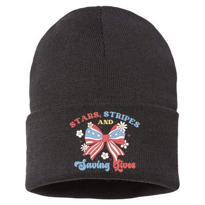 Retro Stars Strips And Saving Lives 4th Of July Nurse School Sustainable Knit Beanie