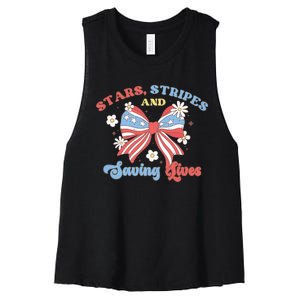 Retro Stars Strips And Saving Lives 4th Of July Nurse School Women's Racerback Cropped Tank