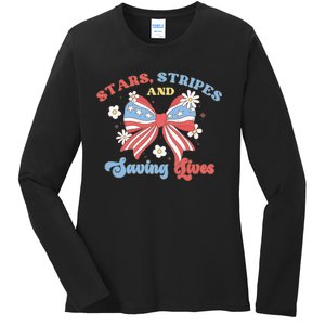 Retro Stars Strips And Saving Lives 4th Of July Nurse School Ladies Long Sleeve Shirt