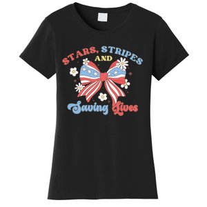 Retro Stars Strips And Saving Lives 4th Of July Nurse School Women's T-Shirt