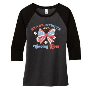 Retro Stars Strips And Saving Lives 4th Of July Nurse School Women's Tri-Blend 3/4-Sleeve Raglan Shirt