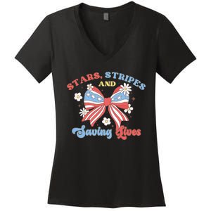 Retro Stars Strips And Saving Lives 4th Of July Nurse School Women's V-Neck T-Shirt