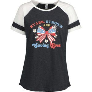 Retro Stars Strips And Saving Lives 4th Of July Nurse School Enza Ladies Jersey Colorblock Tee