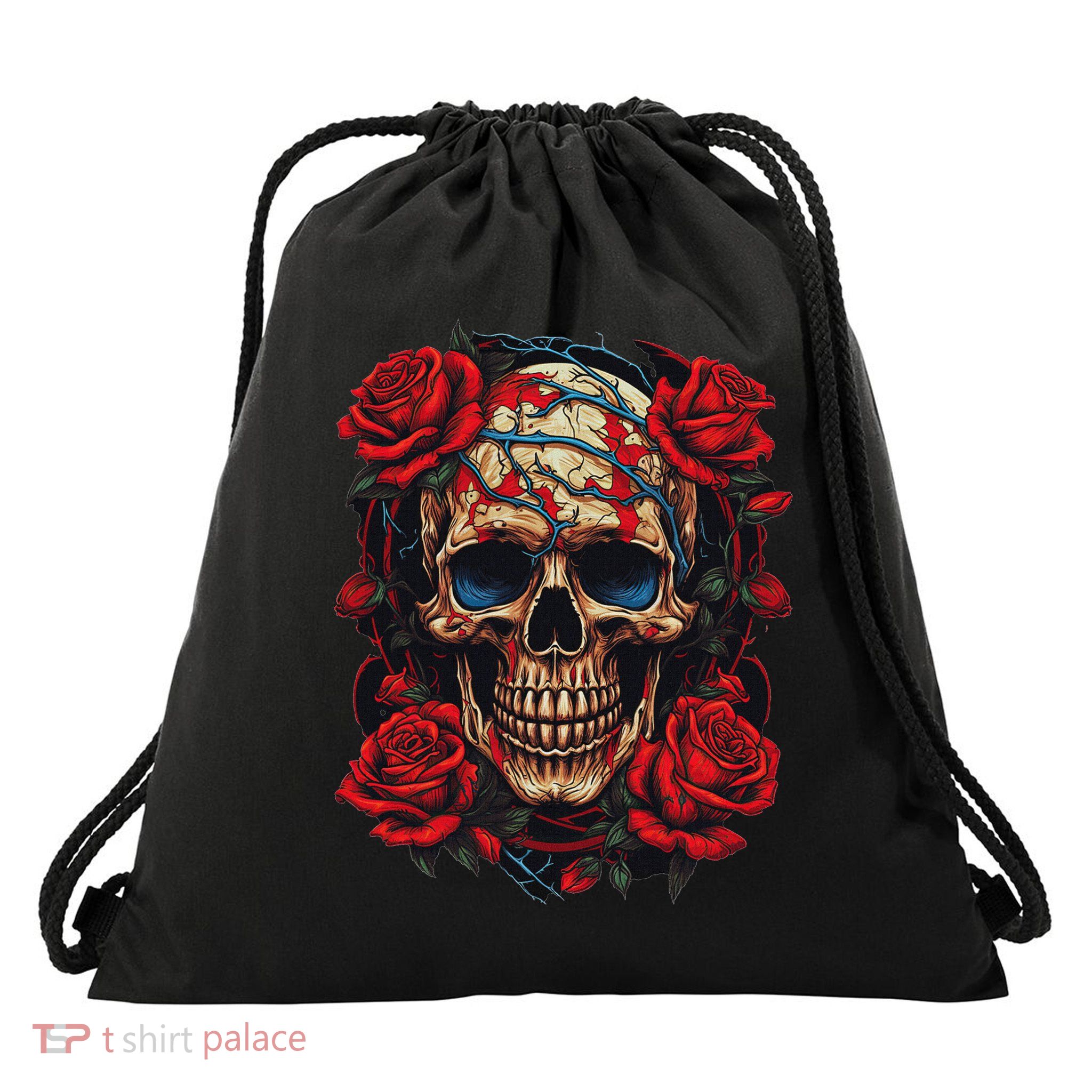 Rose Skeleton Skull Hand Red Flower Rose Drawstring Bag