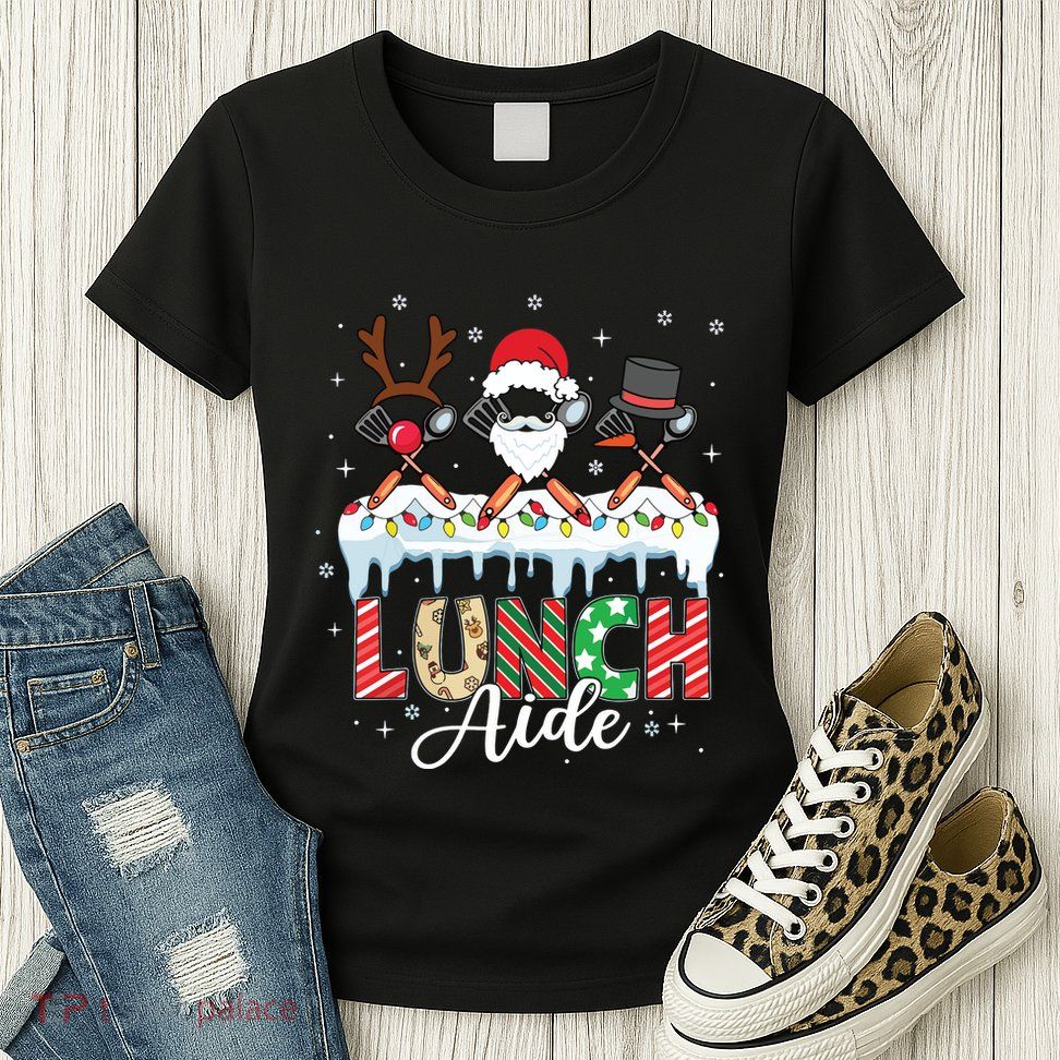 Reindeer Santa Snowman Lunch Aide Christmas Womens T-Shirt